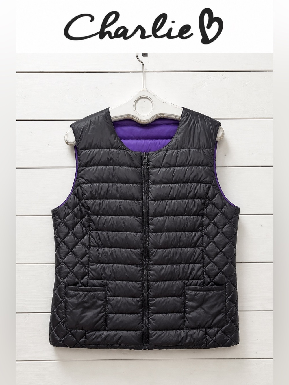 Charlie B Black & Purple Reversible Quilted Vest – Size XL